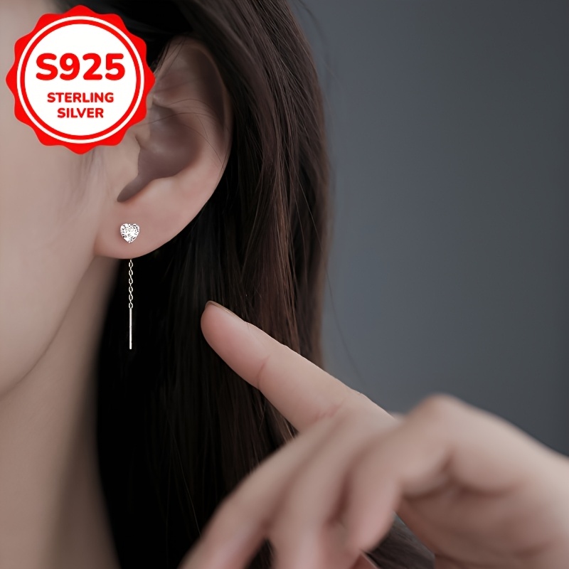 Women's S925 Silver Heart-Shaped Zirconia Tassel Pendant Earrings